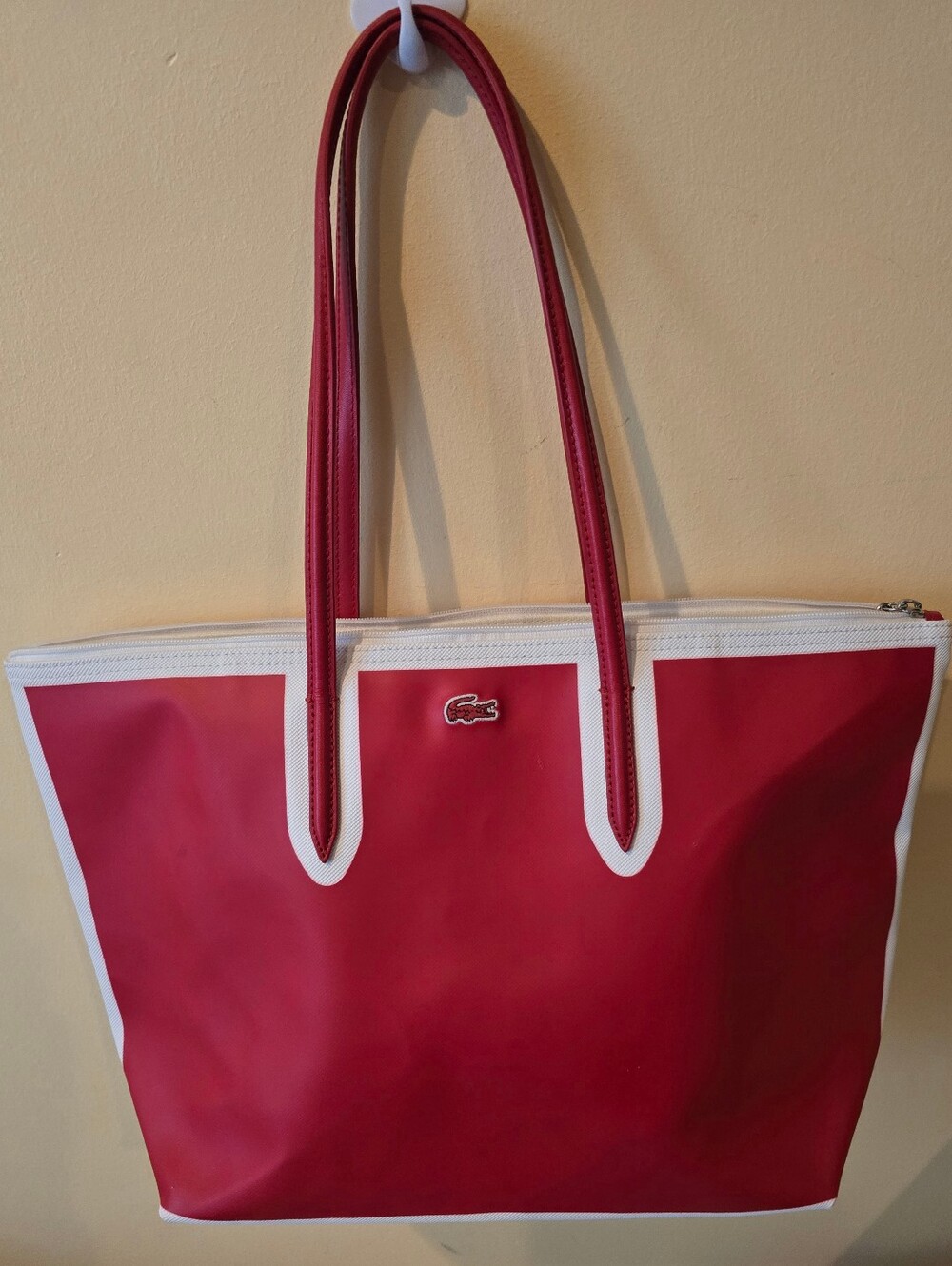 Lacoste Red White Trim L.12.12 Concept Shopping Bag Large Zipper Tote Purse